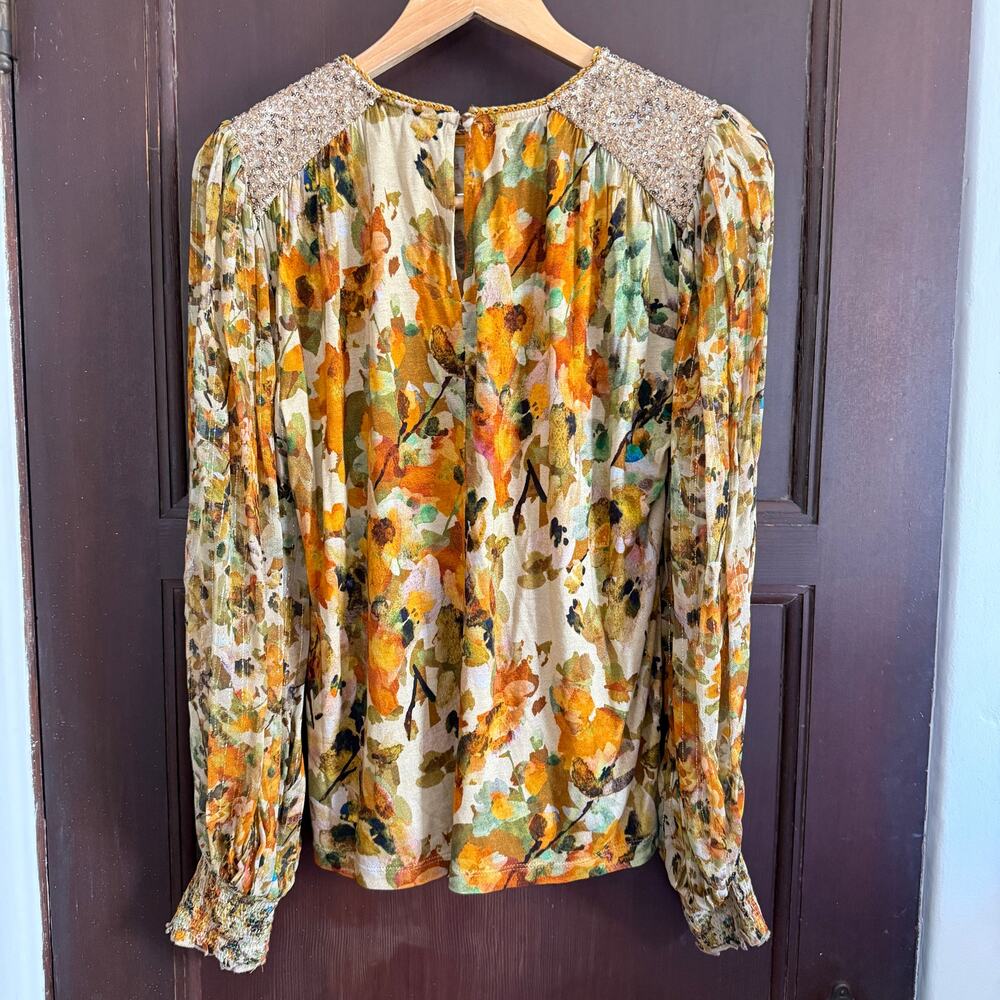 BL-NK LONDON  x Anthropologie Sequin-Embellished Small Yellow Gold Blouse Floral - Picture 3 of 9